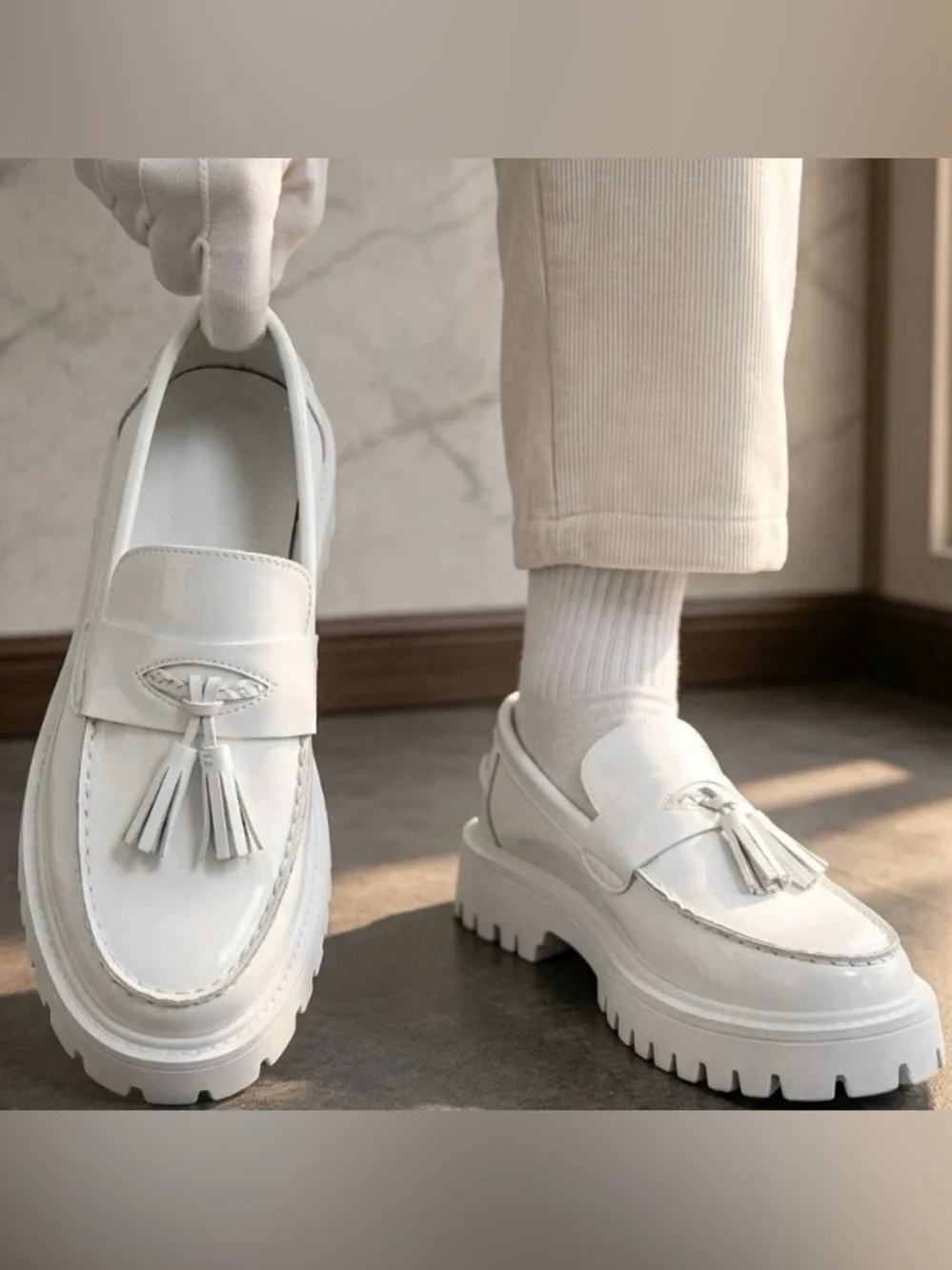 Men's White Tassel Loafers - Classic Chunky Sole